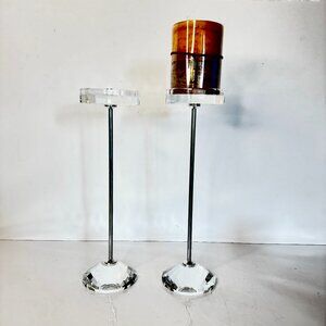 Crystal Candle holder 12" Tall Metal Post Elegant Clear Glass Modern